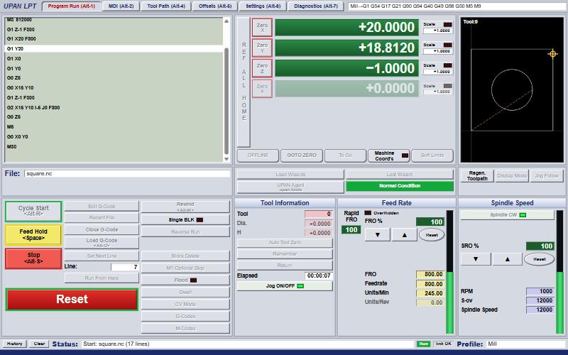 UPAN LPT main screen in a browser: G-code, coordinates, feed rate, spindle, Cycle Start, Feed Hold and Stop