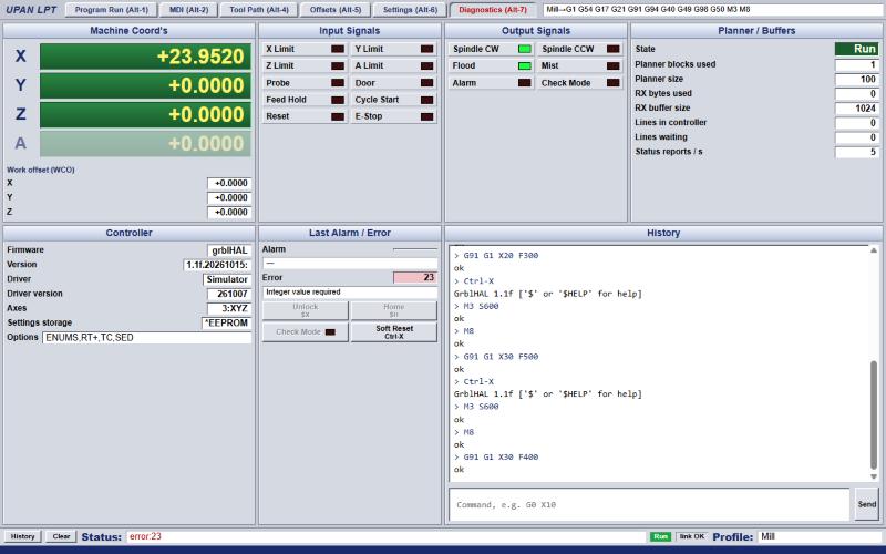 Diagnostics tab: input and output signals, planner, controller info and command history