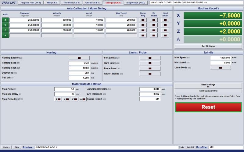Settings tab: axis calibration, homing, limits, spindle and motor outputs